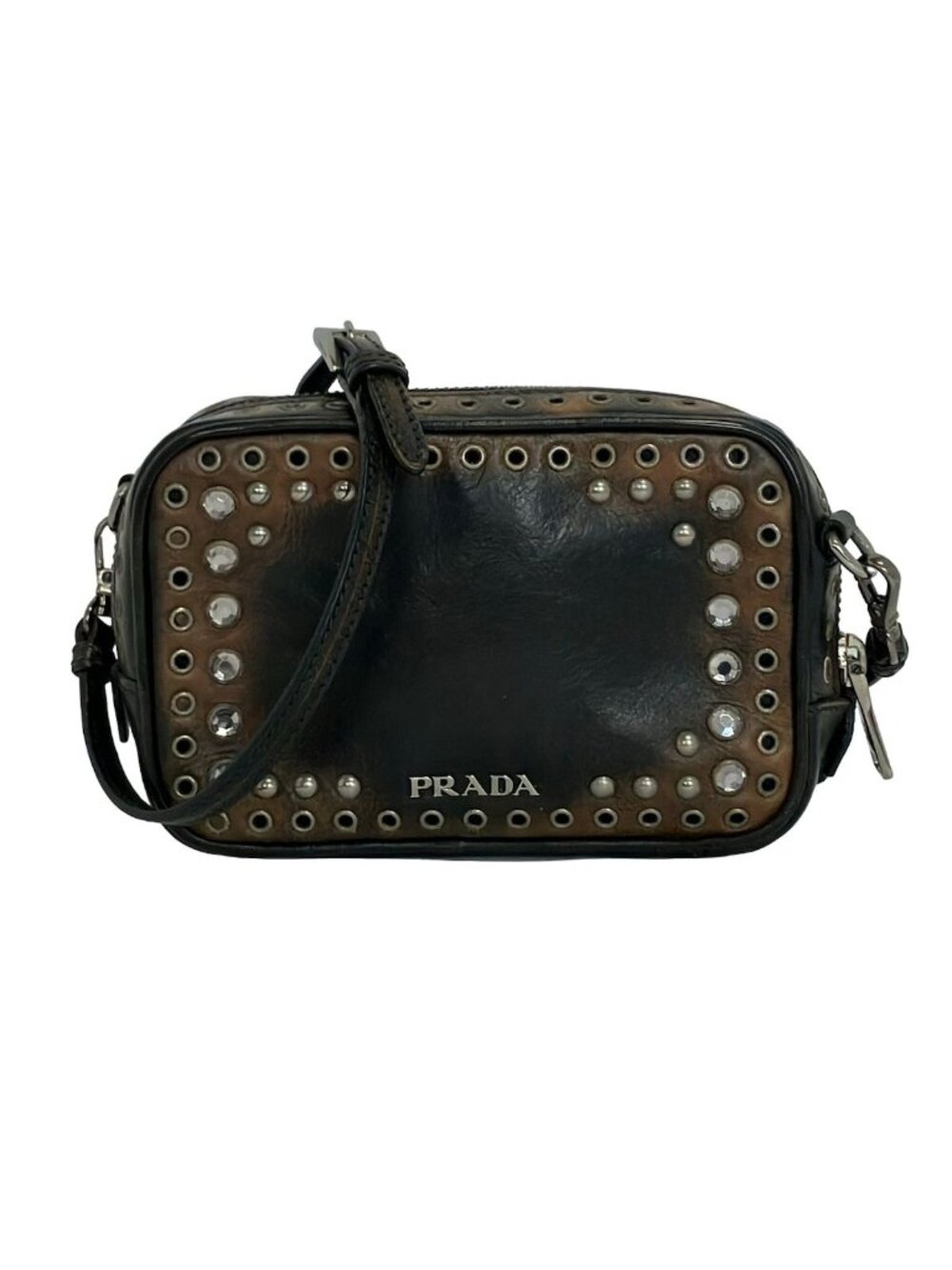 Prada Shoulder Bag Black Brown Eyelet Bijou Crossbody Leather